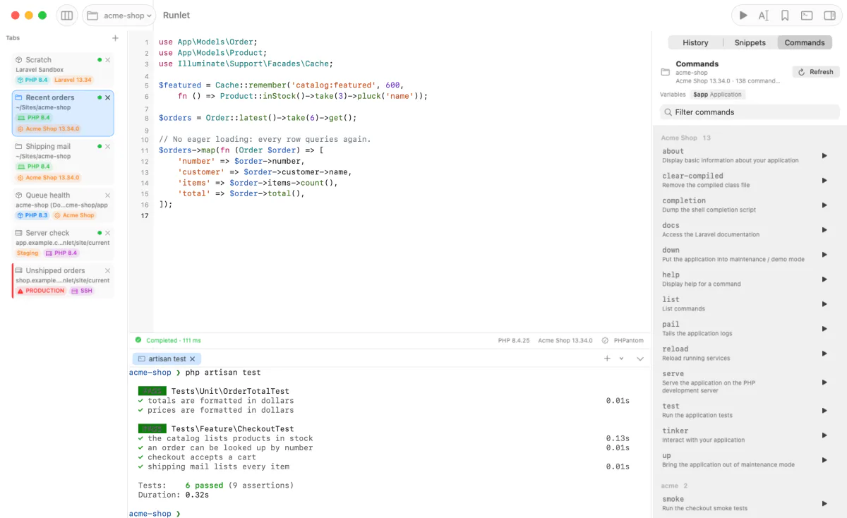 The Commands pane lists the project's Artisan commands with descriptions and run buttons, below the driver's variables. The terminal panel at the bottom shows php artisan test passing 6 tests.