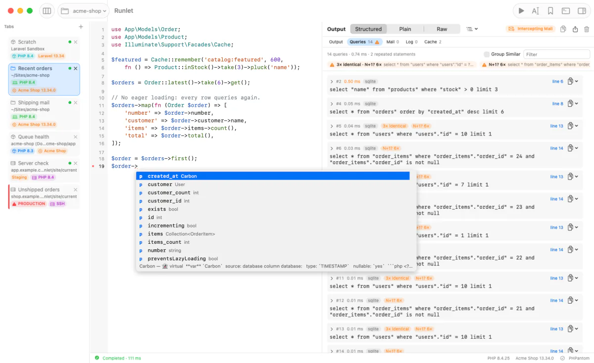 The completion list under “$order->” in a Laravel project, listing the Order model's columns and relations with their types: created_at Carbon, customer User, customer_id int, items Collection of OrderItem, number string, and more.