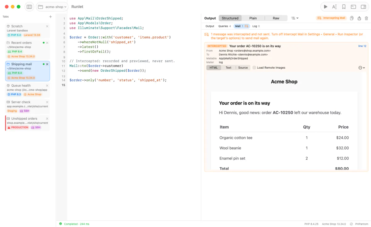 The Mail section: one message marked Intercepted, “Your order AC-10250 is on its way”, with its sender, recipient, mailable class, and a rendered HTML preview of the order email.