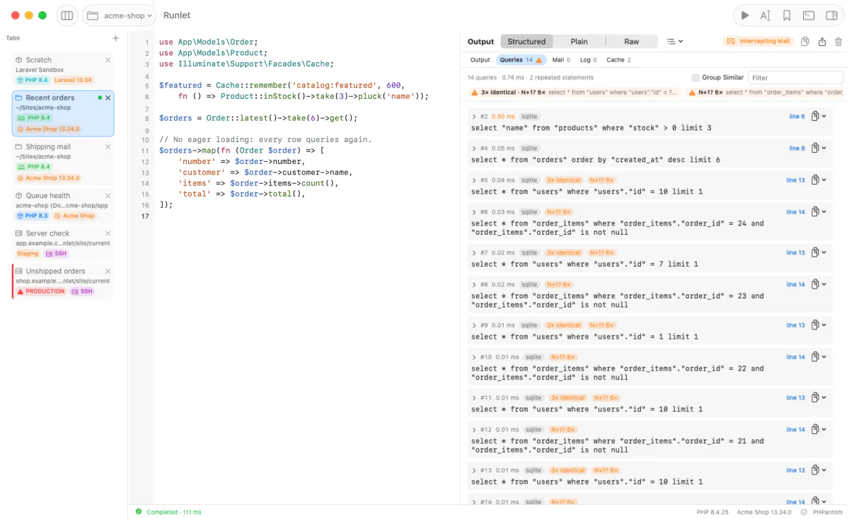 The Queries section after a run on a local Laravel project: 14 queries with their times, connection, and the snippet line that ran each one. Hints at the top flag a statement run 3 times identically and two N+1 patterns run 6 times.