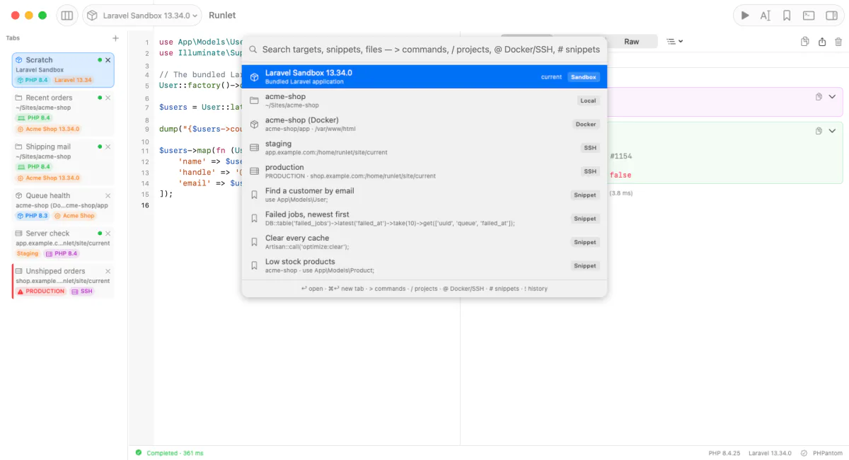 The Open Anything palette over the editor, listing the Laravel sandbox, a local project, a Docker profile, two SSH servers, and four saved snippets.