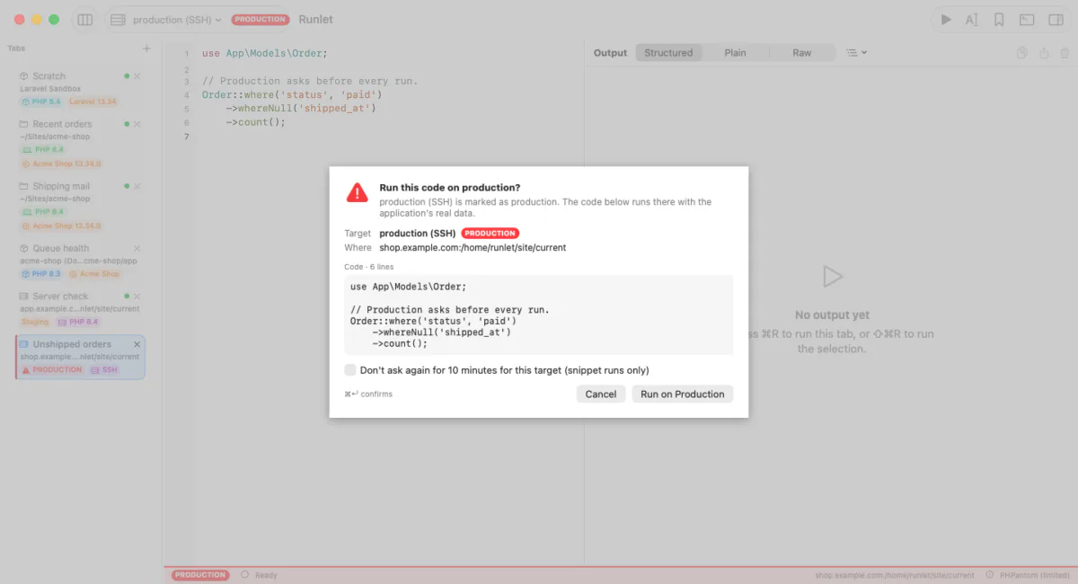 A confirmation sheet titled “Run this code on production?” over a tab on the production SSH server. It shows the target, shop.example.com, the code that will run, a “Don't ask again for 10 minutes” checkbox, and Cancel and Run on Production buttons.