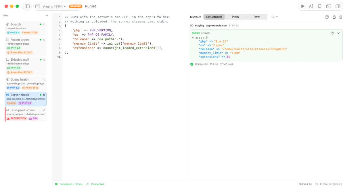 A tab on the staging SSH server, app.example.com. The snippet returns the server's PHP version, operating system, release folder, memory limit, and extension count; the output shows PHP 8.4 on Linux in a releases folder, and the status bar says Connected.