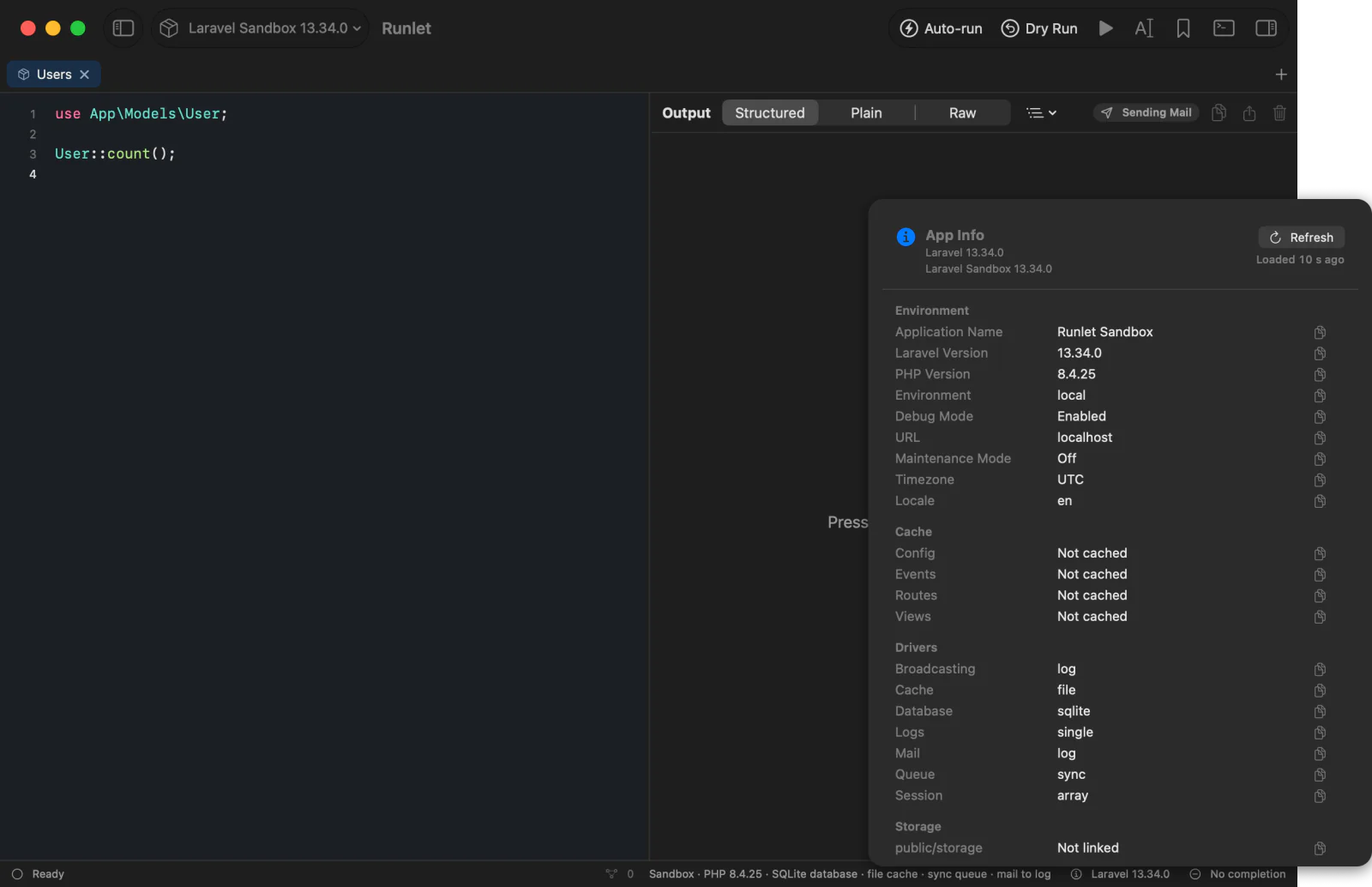 The App Info popover for the Laravel sandbox, with its Environment, Cache, Drivers, and Storage sections