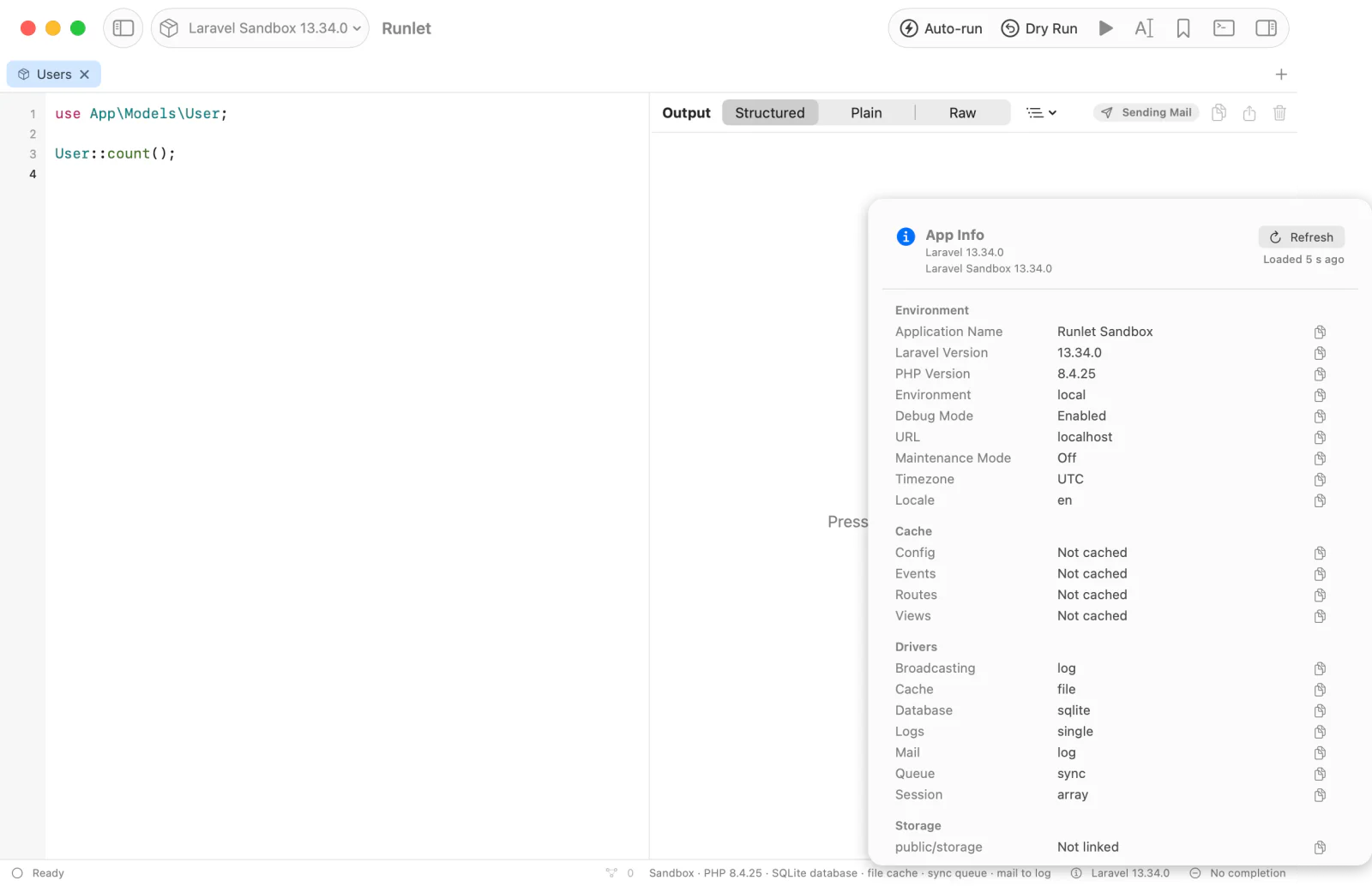 The App Info popover for the Laravel sandbox, with its Environment, Cache, Drivers, and Storage sections