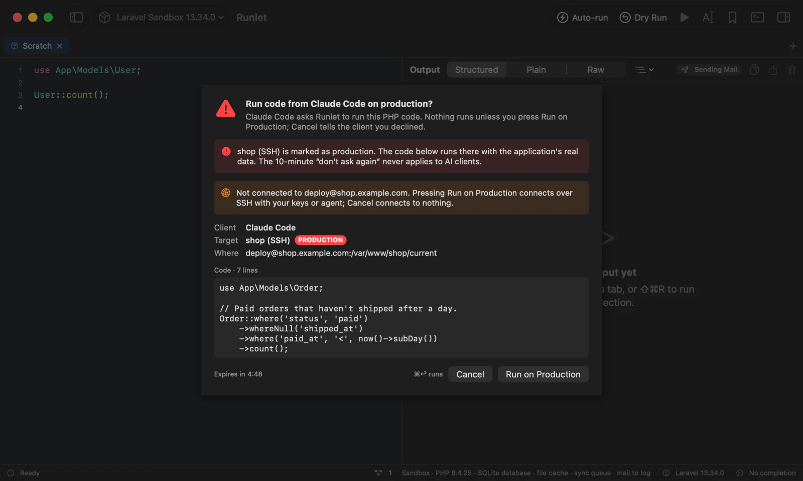 The approval sheet "Run code from Claude Code on production?", with the production warning, the client, the target, where the code runs, the code, and Cancel and Run on Production