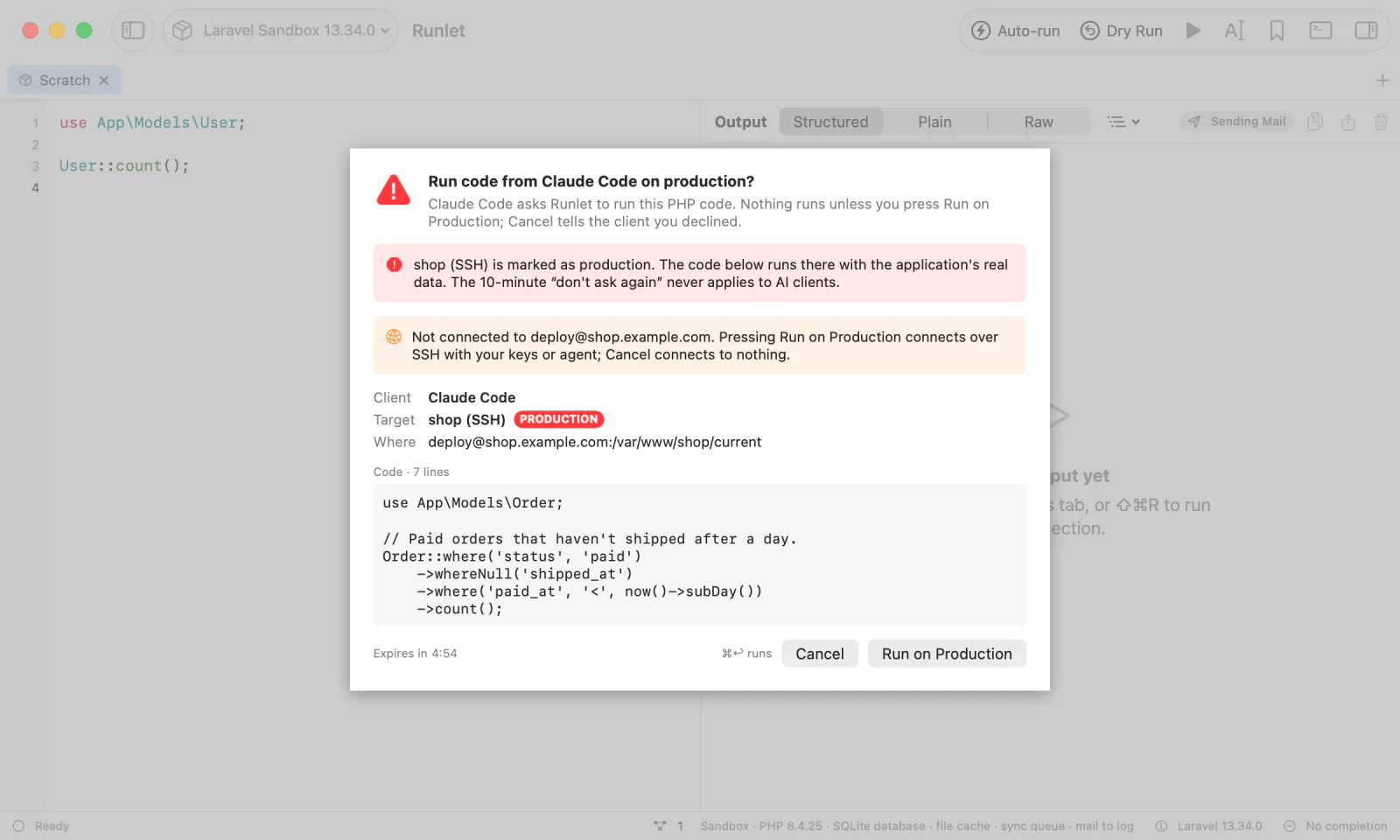 The approval sheet "Run code from Claude Code on production?", with the production warning, the client, the target, where the code runs, the code, and Cancel and Run on Production