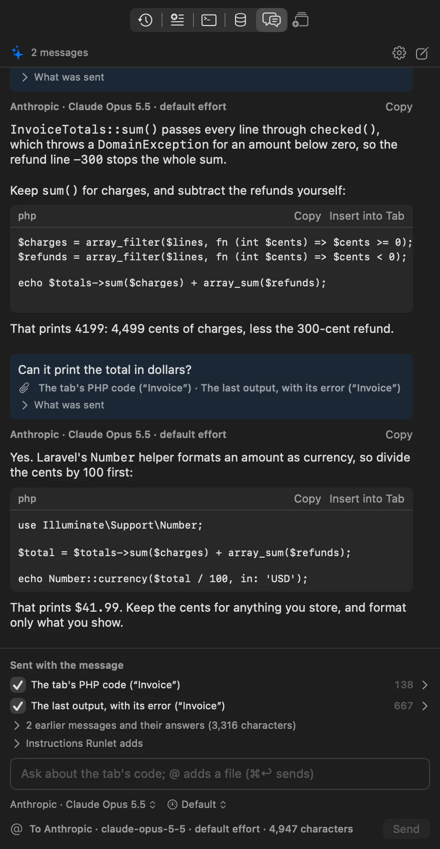 The chat: a question about the tab that names a project file with @, the answer with a code block and its Copy and Insert into Tab buttons, a follow-up and its answer, and what the next message would send