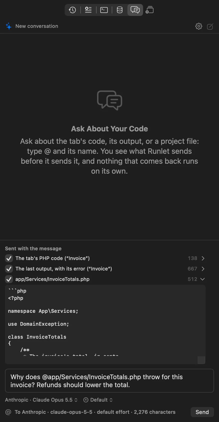 The message field with a question that names app/Services/InvoiceTotals.php, and above it what would be sent: the tab's code, the last output with its error, and the file, opened to show its exact text