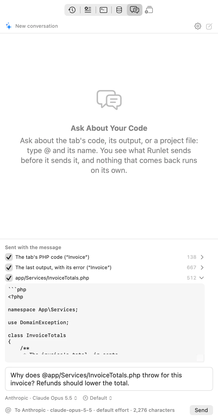 The message field with a question that names app/Services/InvoiceTotals.php, and above it what would be sent: the tab's code, the last output with its error, and the file, opened to show its exact text