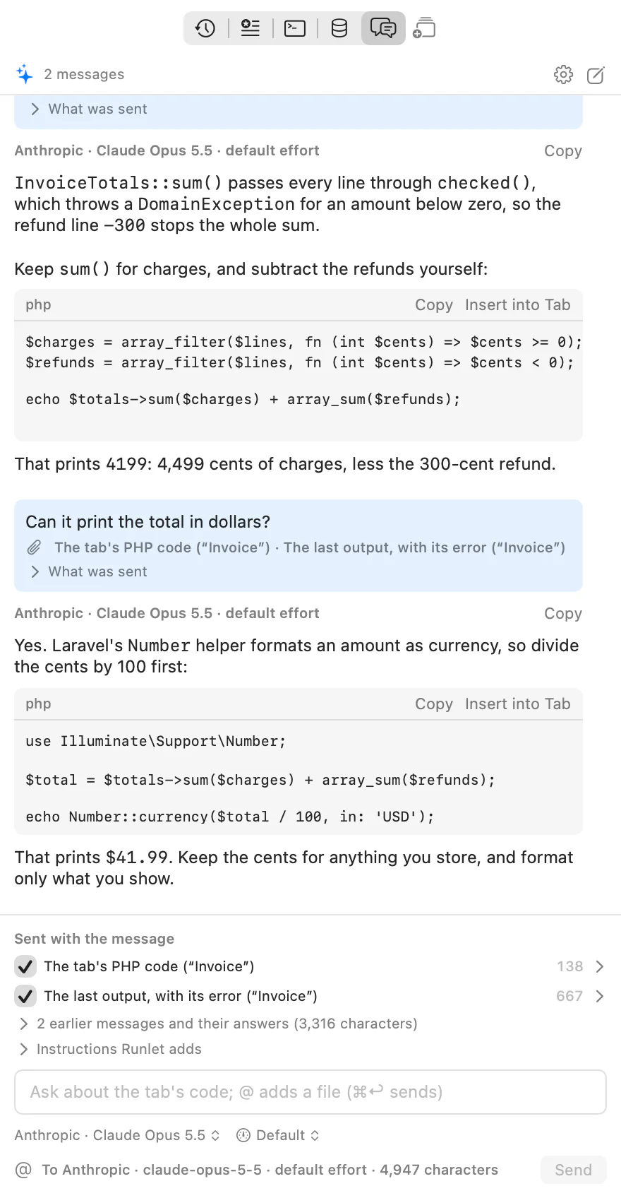 The chat: a question about the tab that names a project file with @, the answer with a code block and its Copy and Insert into Tab buttons, a follow-up and its answer, and what the next message would send