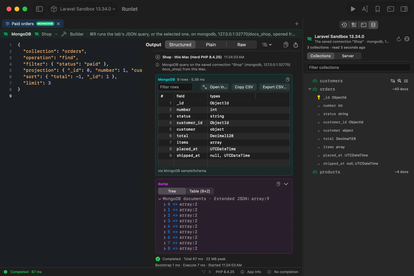 The collection explorer in the Database pane: the buttons of the collection under the pointer, and the orders collection's sampled fields and their types