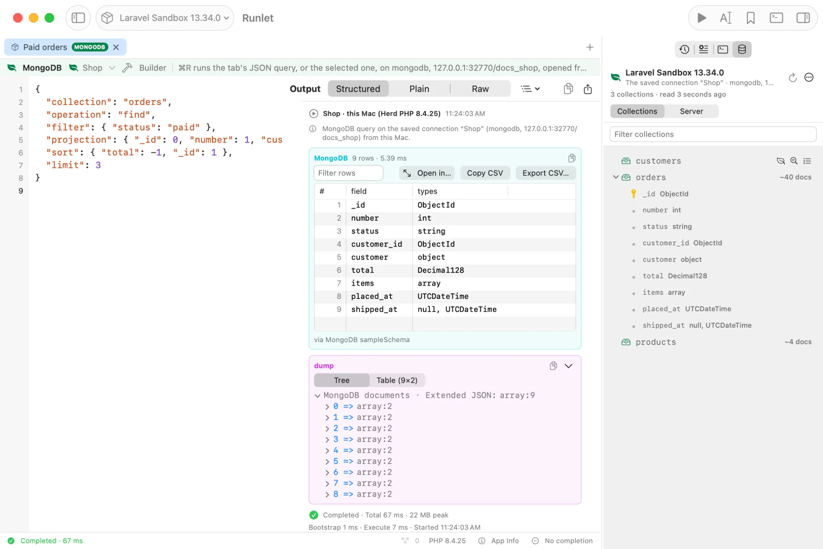 The collection explorer in the Database pane: the buttons of the collection under the pointer, and the orders collection's sampled fields and their types