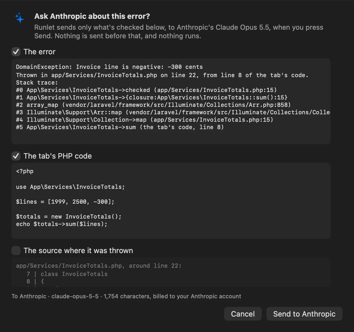 The Explain or Fix sheet before sending: the error and the tab's code checked, the source where it was thrown unchecked, where the request goes, and Send to Anthropic