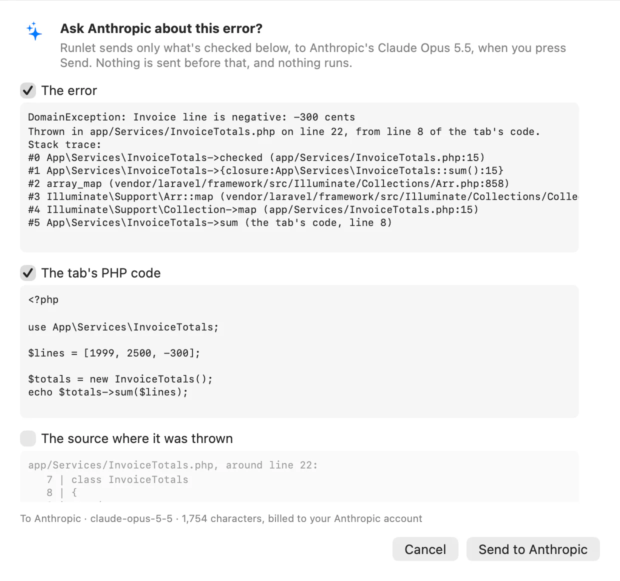The Explain or Fix sheet before sending: the error and the tab's code checked, the source where it was thrown unchecked, where the request goes, and Send to Anthropic