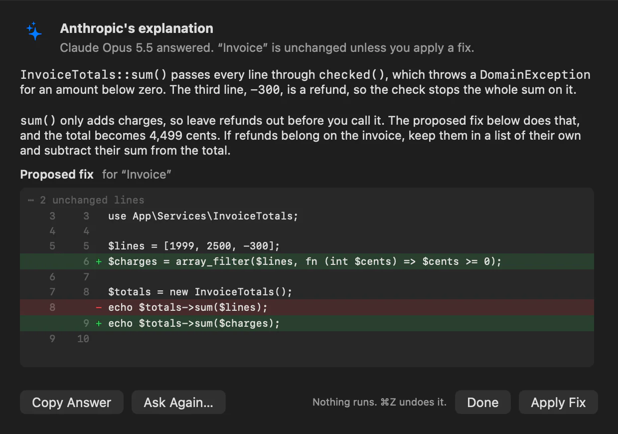 Anthropic's explanation of the error, with the proposed fix as a diff of the tab and the Apply Fix button