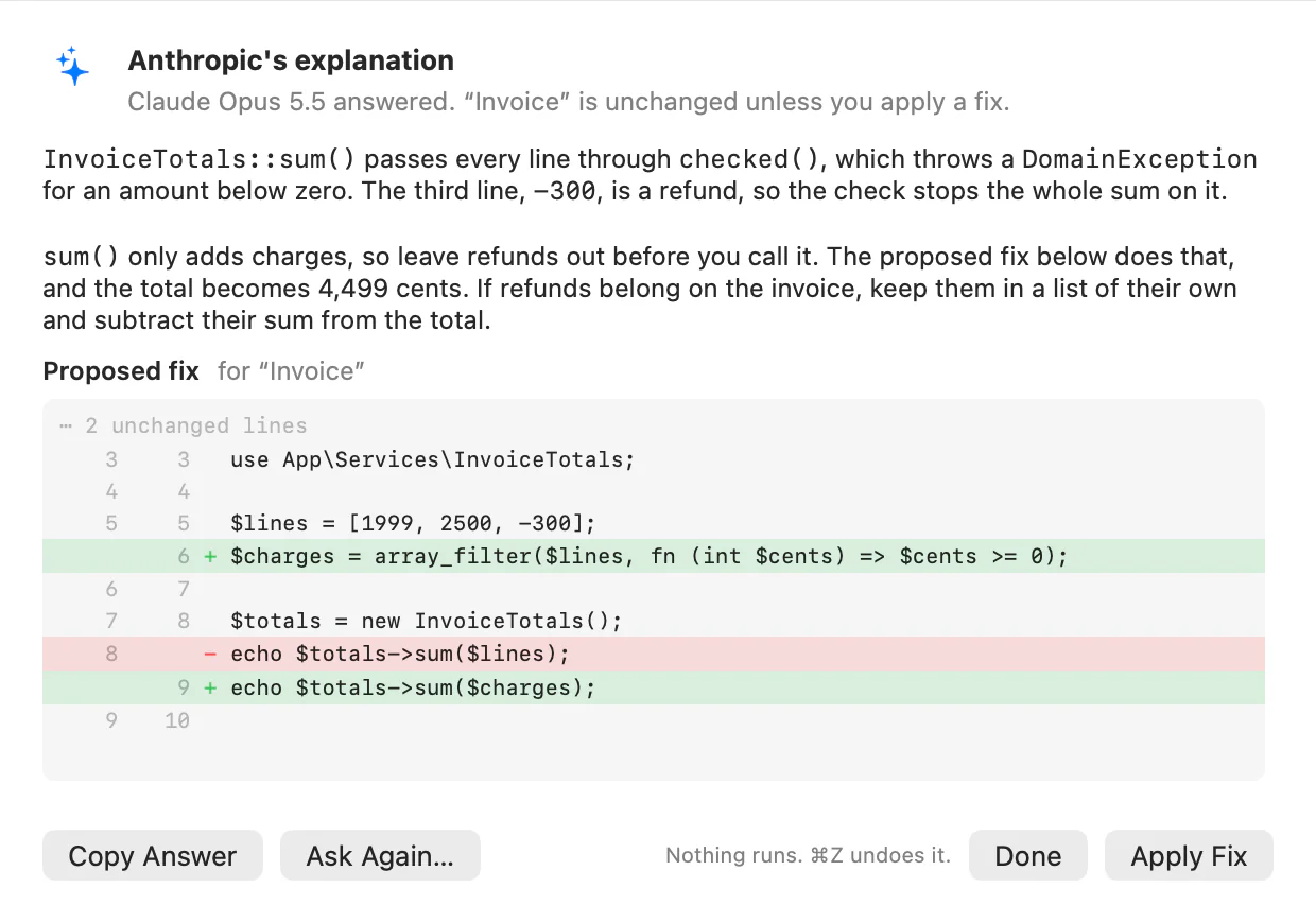 Anthropic's explanation of the error, with the proposed fix as a diff of the tab and the Apply Fix button
