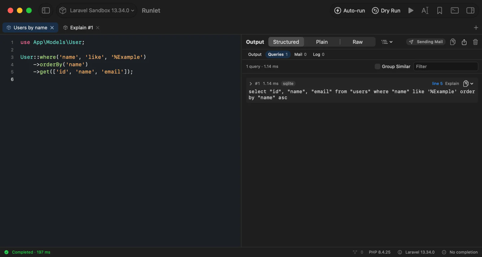 A run's Queries list with Explain beside the statement, and the Explain #1 tab it opened next to the snippet's tab