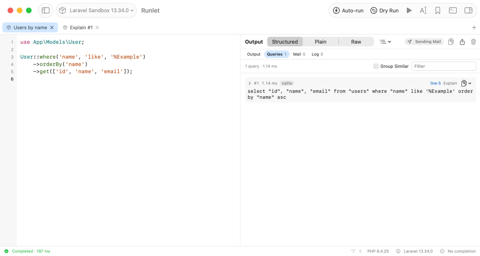 A run's Queries list with Explain beside the statement, and the Explain #1 tab it opened next to the snippet's tab