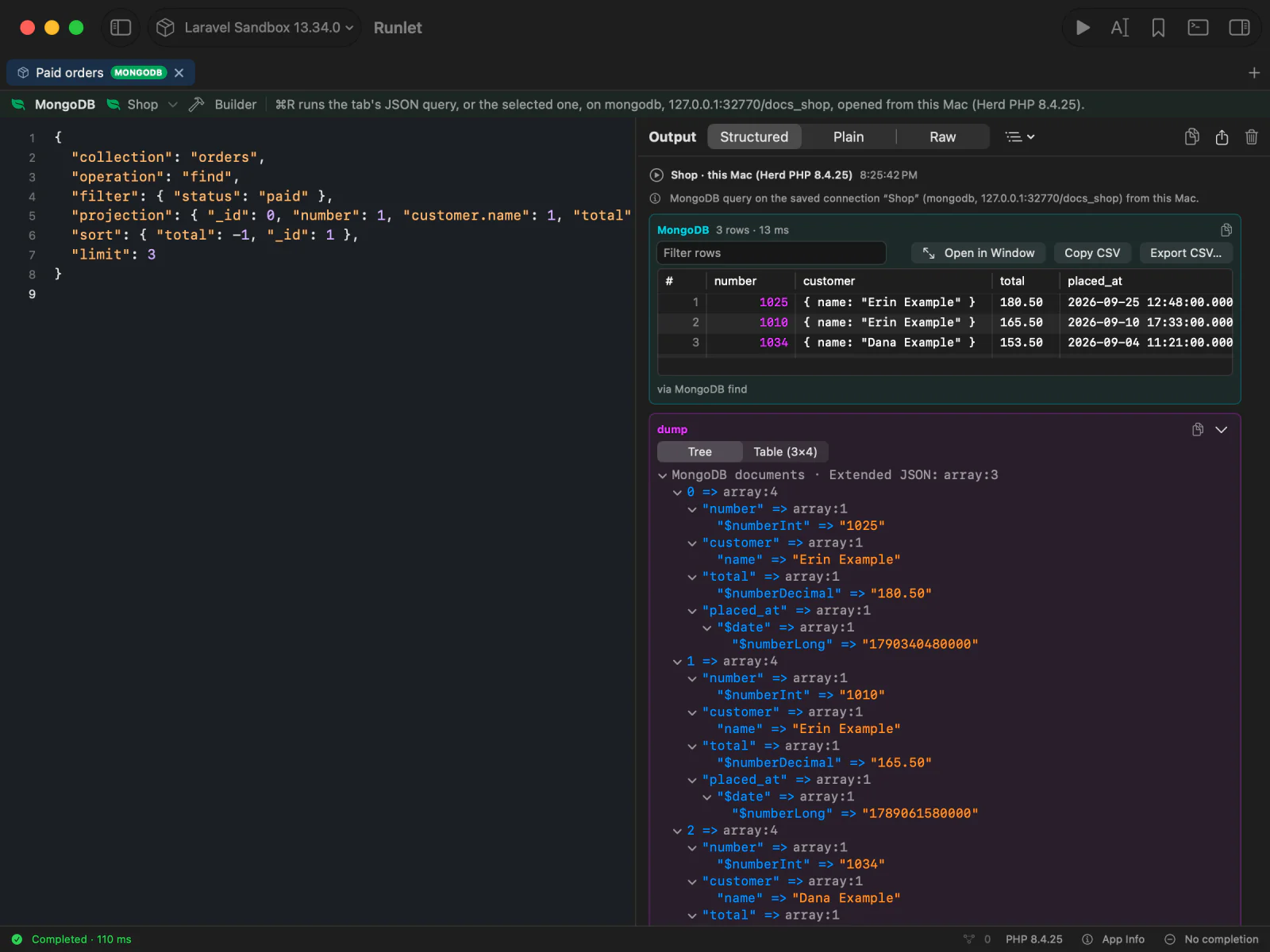 A MongoDB tab with a find query, its result table, and the documents' Extended JSON tree