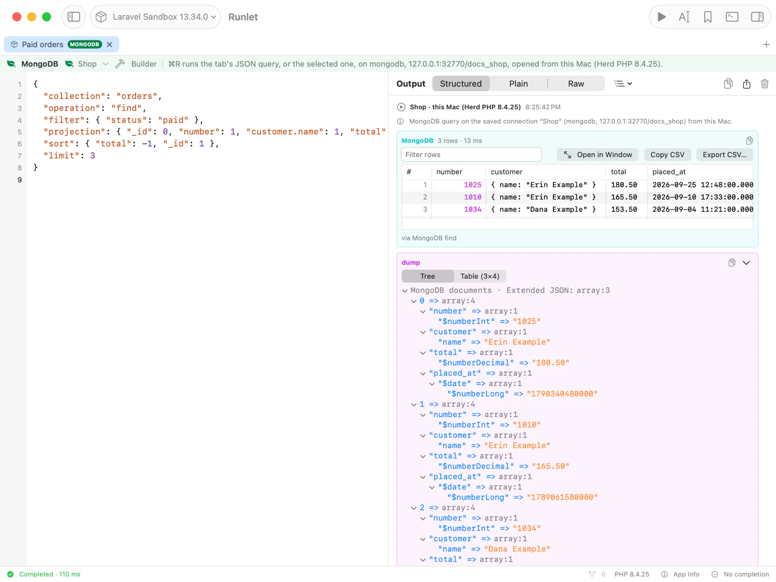 A MongoDB tab with a find query, its result table, and the documents' Extended JSON tree