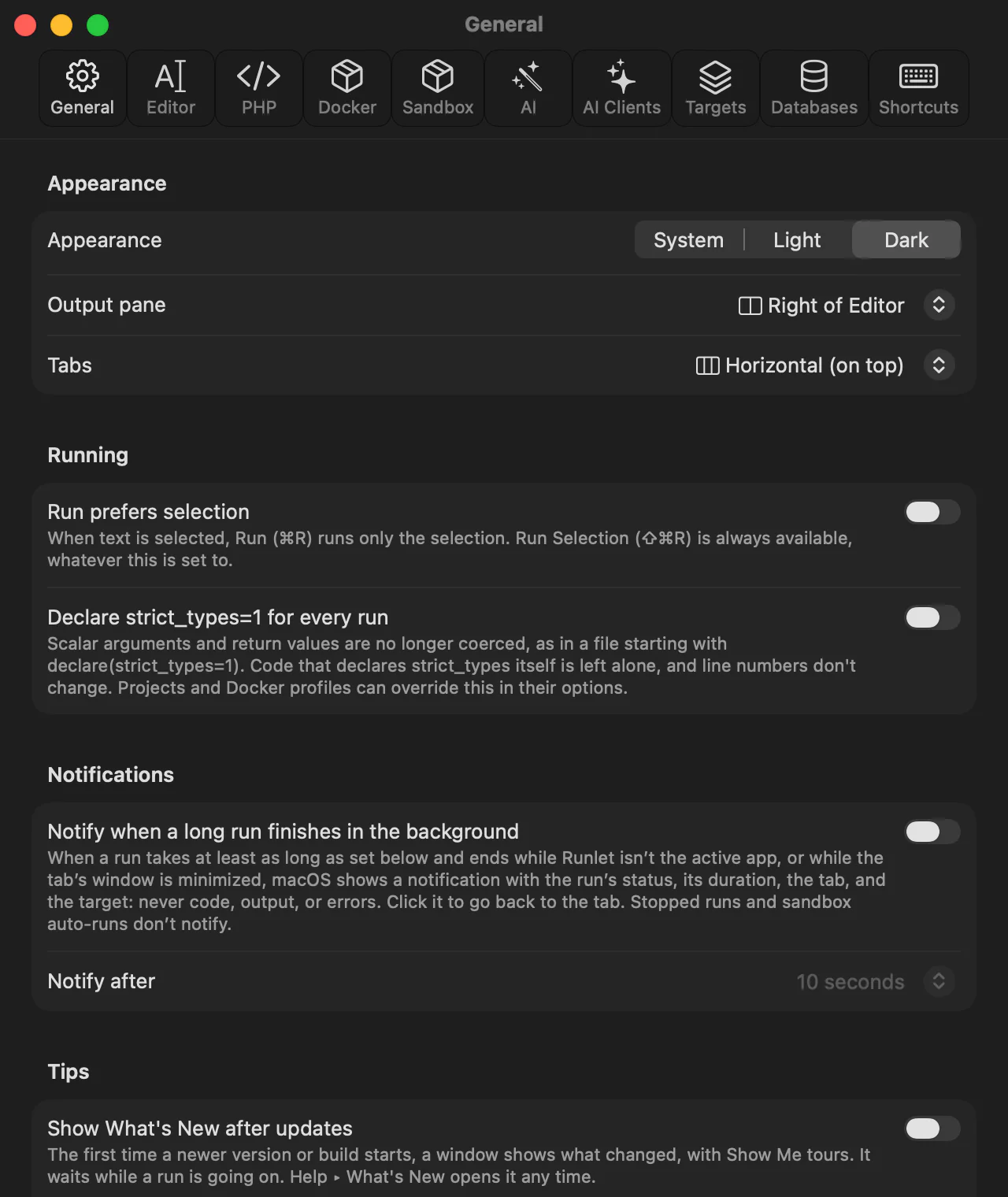 Settings ▸ General, with the Appearance, Running, Notifications, and Tips sections