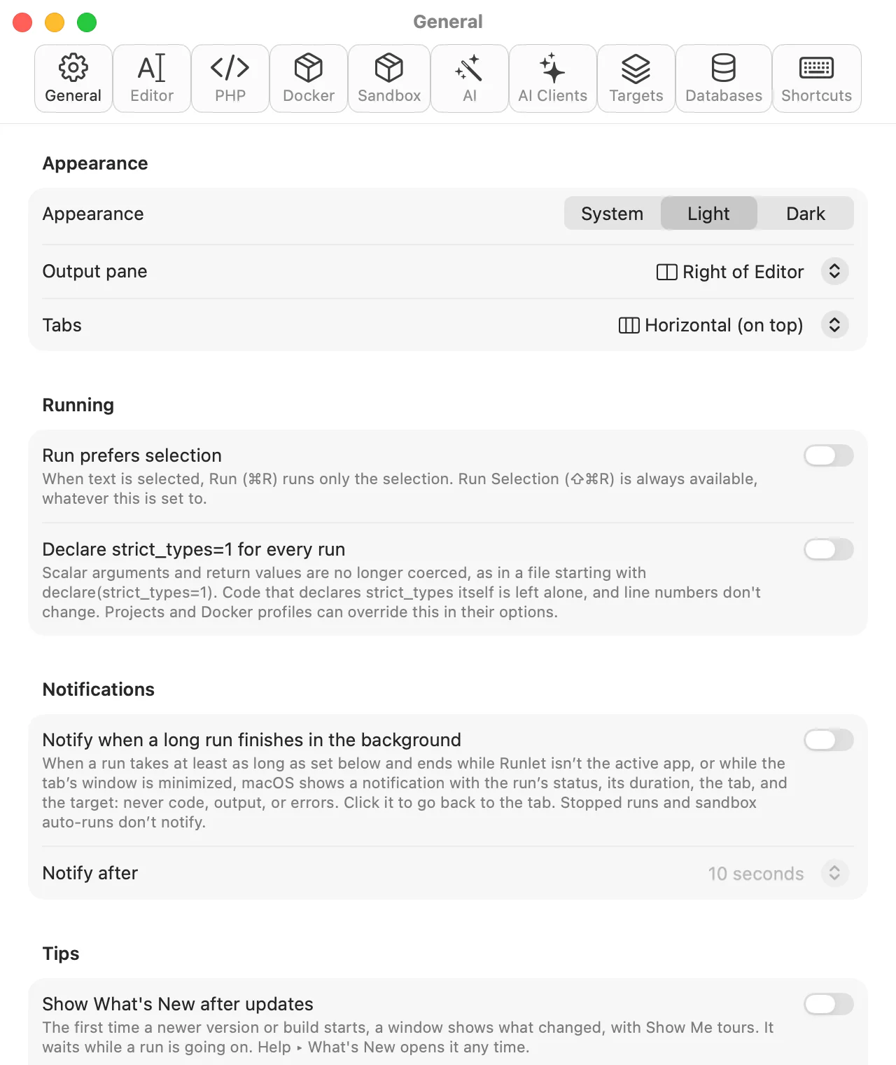 Settings ▸ General, with the Appearance, Running, Notifications, and Tips sections