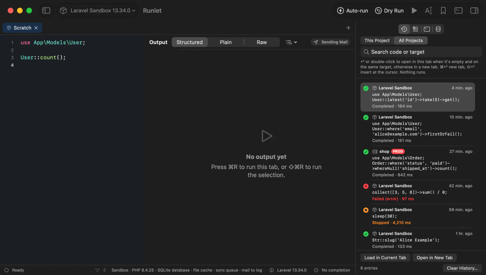 The History pane with All Projects selected: runs with their status icons, one with a PROD badge, and Load in Current Tab and Open in New Tab for the selected run