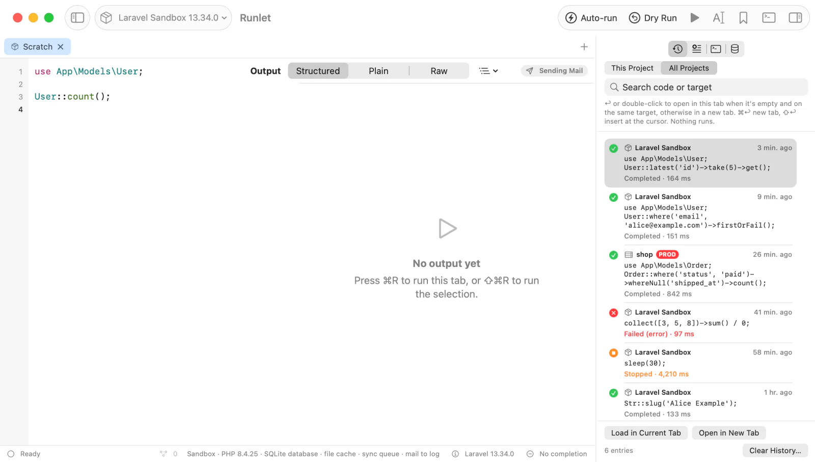 The History pane with All Projects selected: runs with their status icons, one with a PROD badge, and Load in Current Tab and Open in New Tab for the selected run
