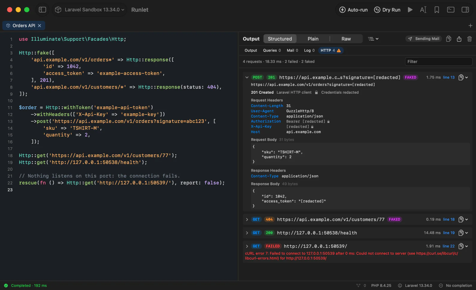 The HTTP section of a Laravel run: a request Http::fake() answered, opened to show its redacted Authorization and X-Api-Key headers and its bodies, a faked 404, a request to a local server, and a failed connection
