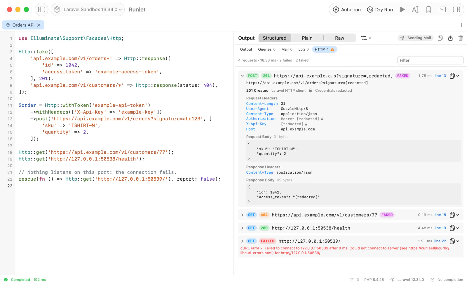 The HTTP section of a Laravel run: a request Http::fake() answered, opened to show its redacted Authorization and X-Api-Key headers and its bodies, a faked 404, a request to a local server, and a failed connection