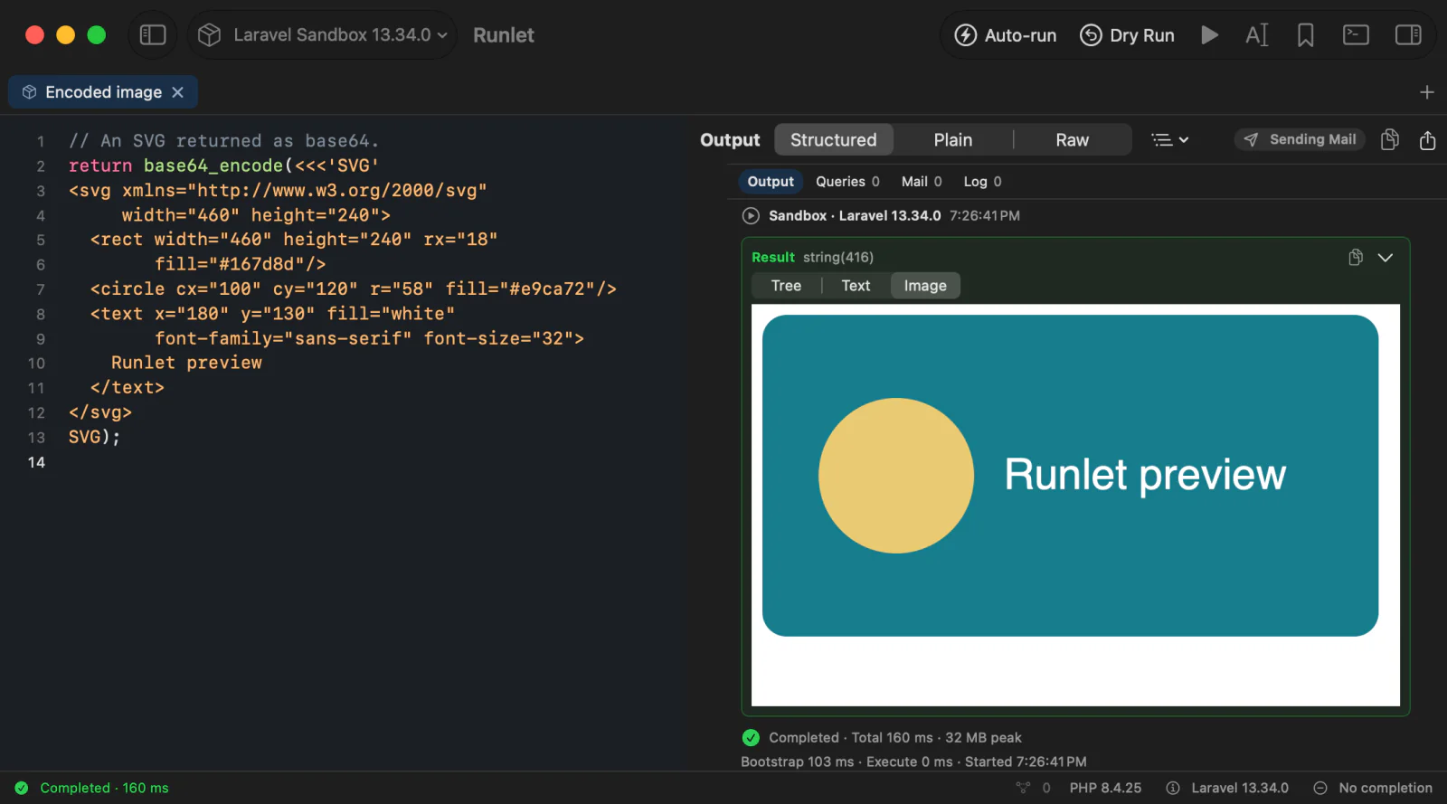 A base64 SVG returned by a snippet, shown in the Image view