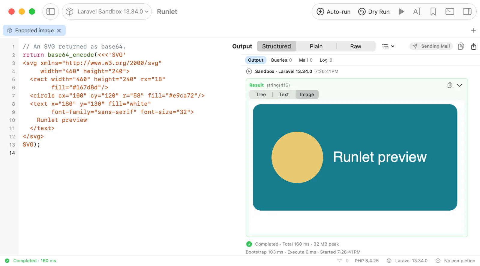 A base64 SVG returned by a snippet, shown in the Image view