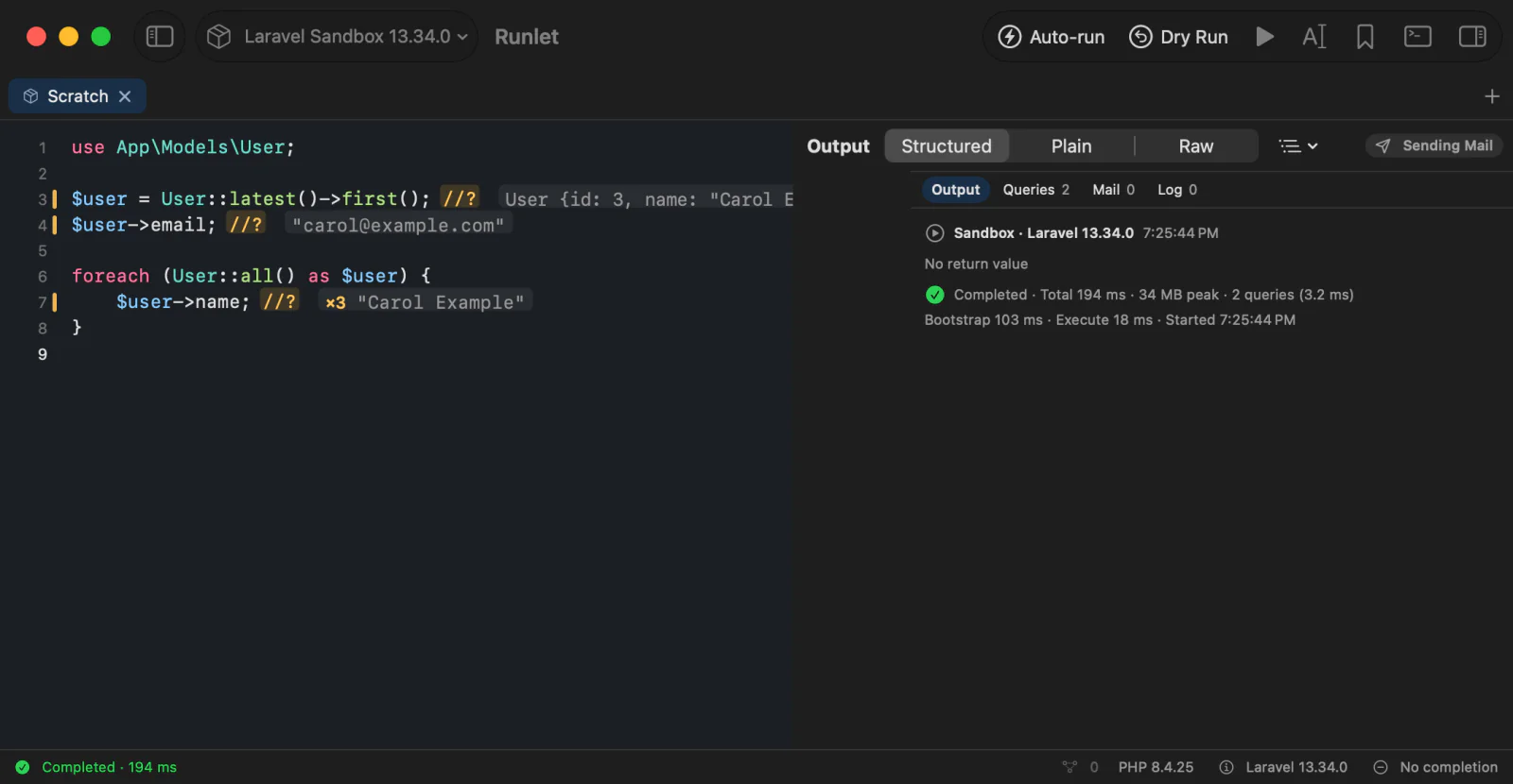 The sandbox after running the snippet: values at the end of the //? lines, and ×3 with the last name on the loop's line