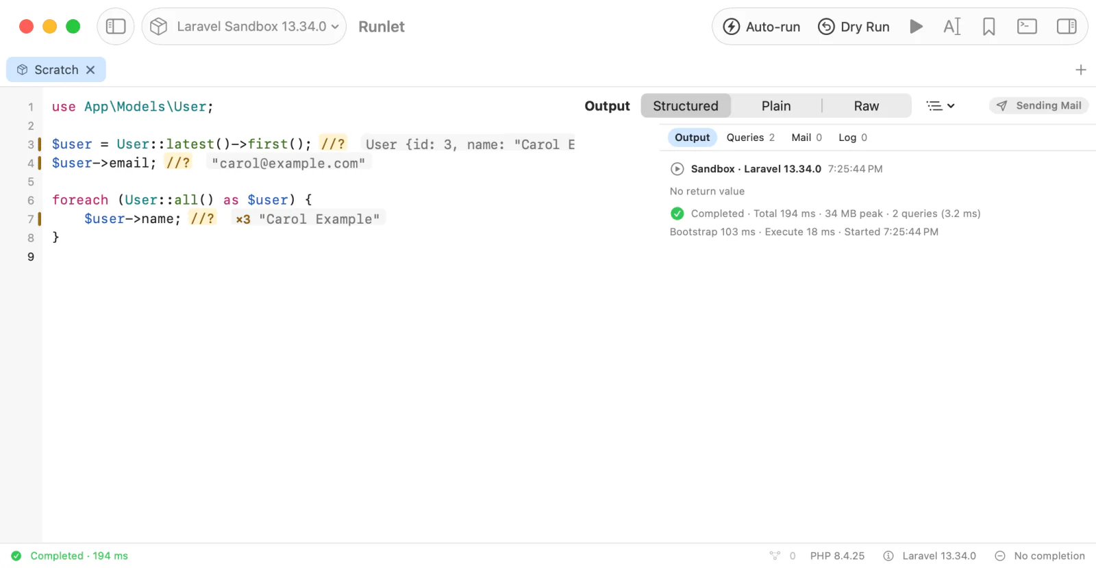 The sandbox after running the snippet: values at the end of the //? lines, and ×3 with the last name on the loop's line