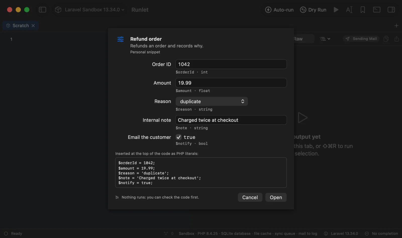 The input form of the Refund order snippet: fields for Order ID, Amount, and Internal note, a menu for Reason, a checkbox for Email the customer, and the PHP lines it inserts