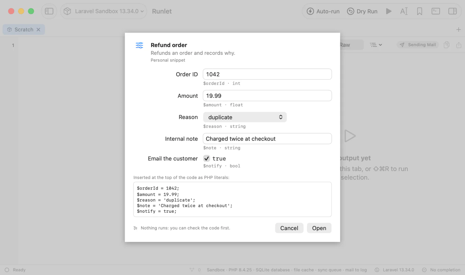 The input form of the Refund order snippet: fields for Order ID, Amount, and Internal note, a menu for Reason, a checkbox for Email the customer, and the PHP lines it inserts