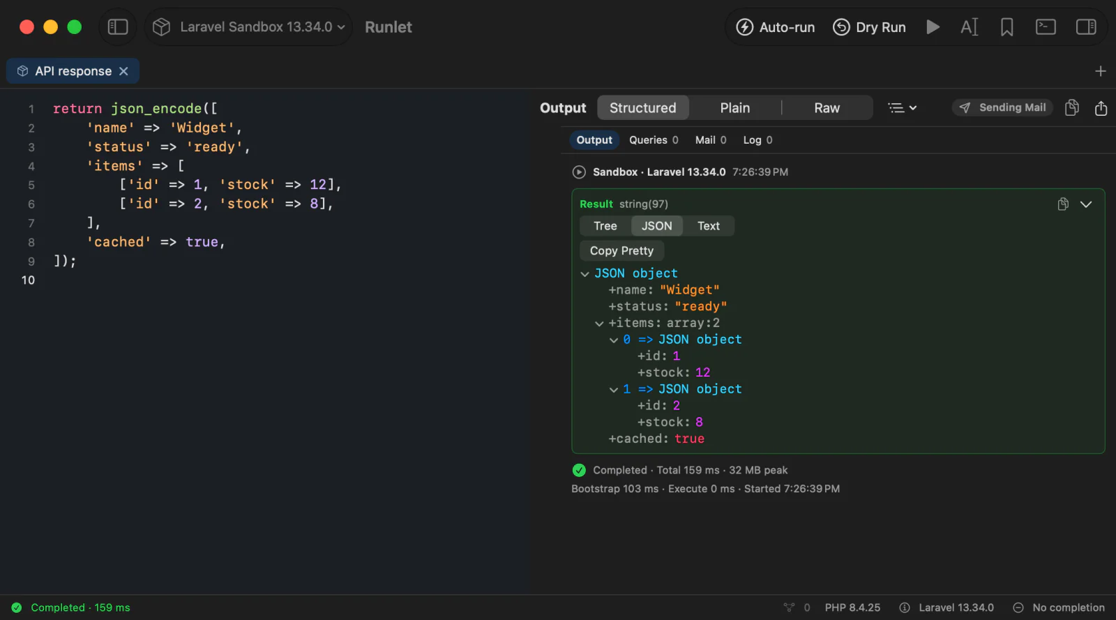 A Result card holding a JSON string, with the JSON view selected and its tree expanded