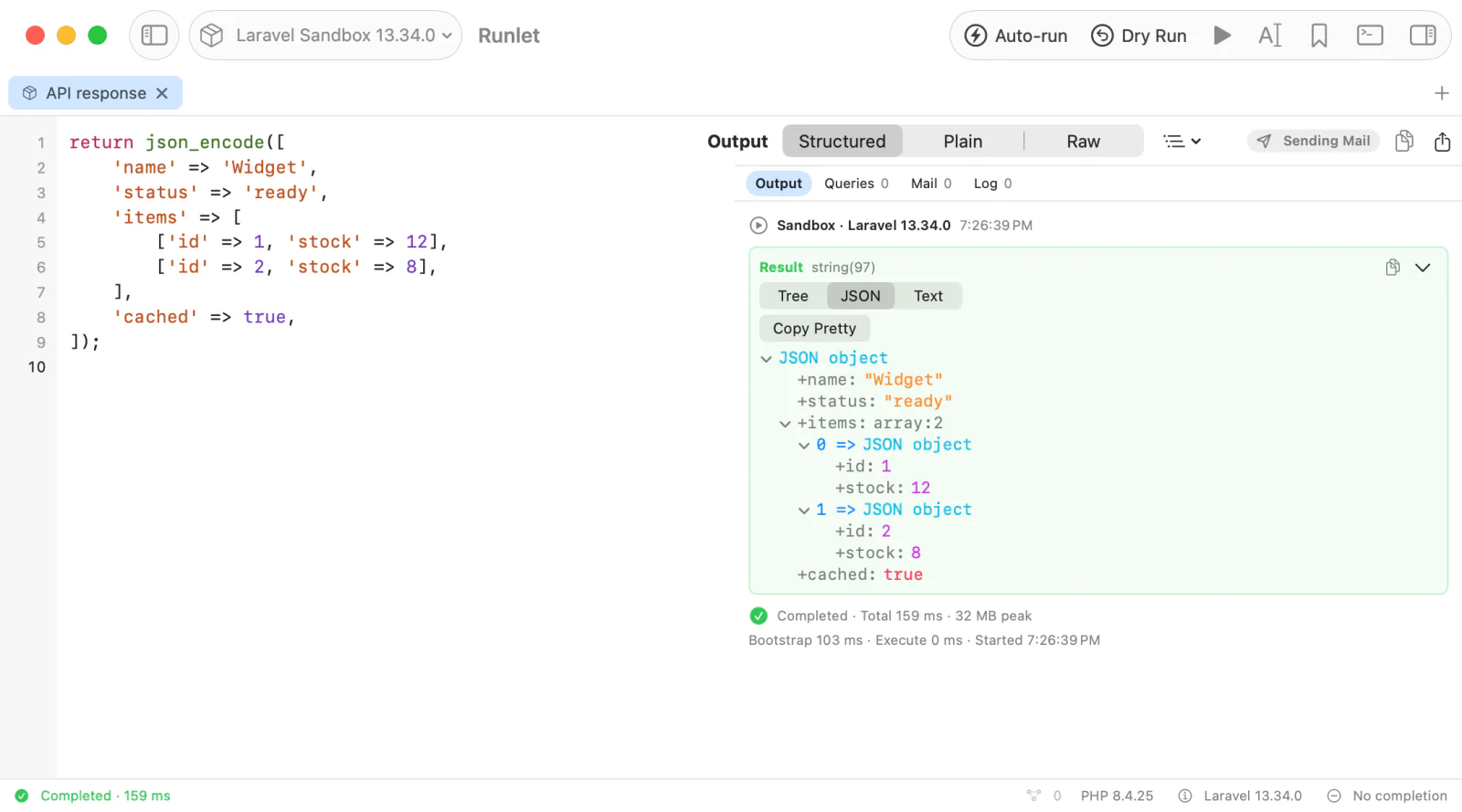 A Result card holding a JSON string, with the JSON view selected and its tree expanded