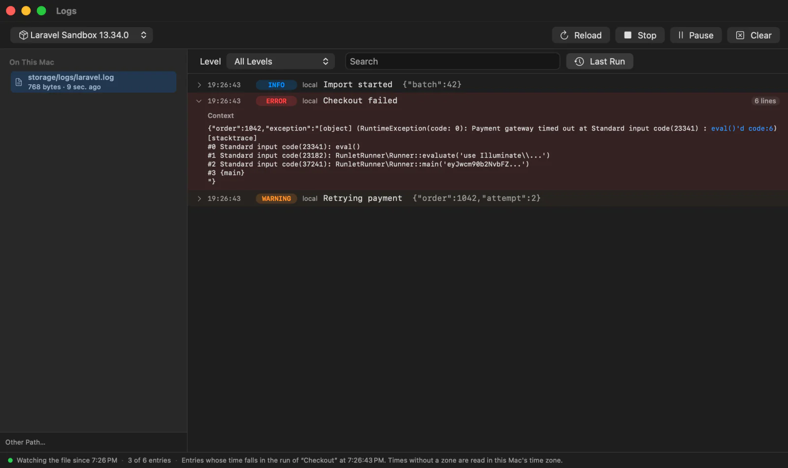 The Logs window for the Laravel sandbox, with laravel.log in the source list, Last Run on, and a Checkout failed error opened to its context and stack trace
