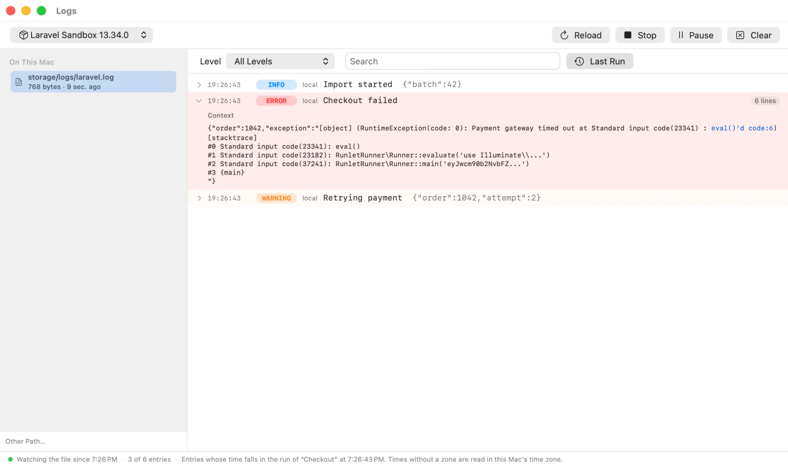 The Logs window for the Laravel sandbox, with laravel.log in the source list, Last Run on, and a Checkout failed error opened to its context and stack trace