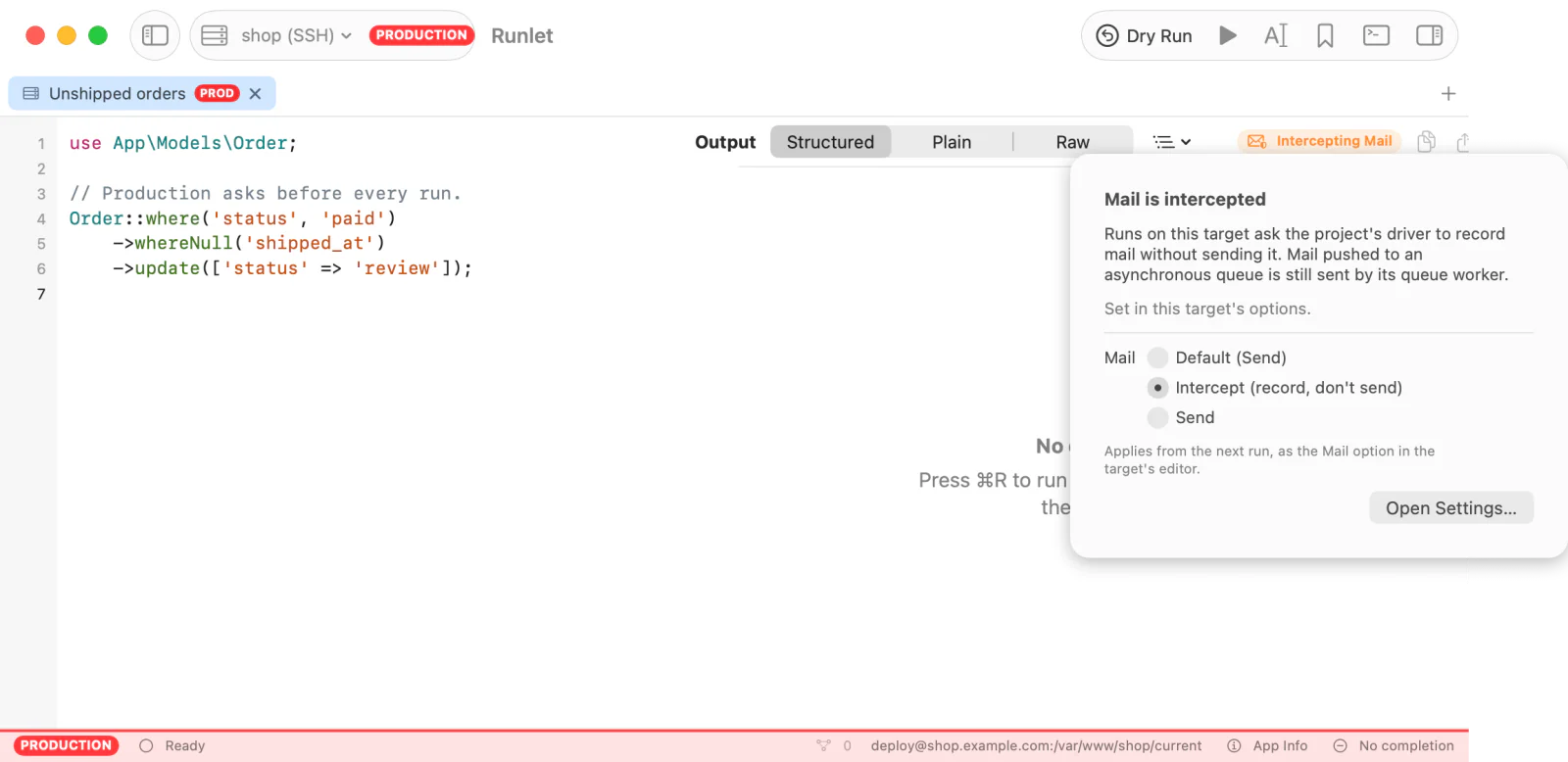 The Intercepting Mail chip of a production SSH target and its popover: why mail is intercepted, where that's set, and the Mail picker
