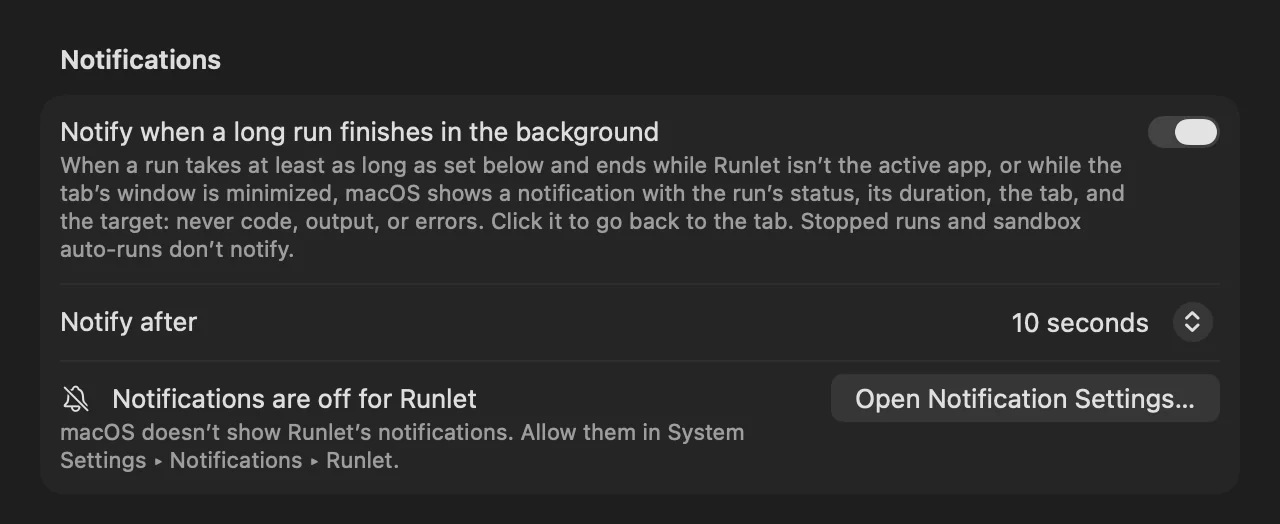 Settings ▸ General ▸ Notifications when notifications are off for Runlet, with Open Notification Settings…
