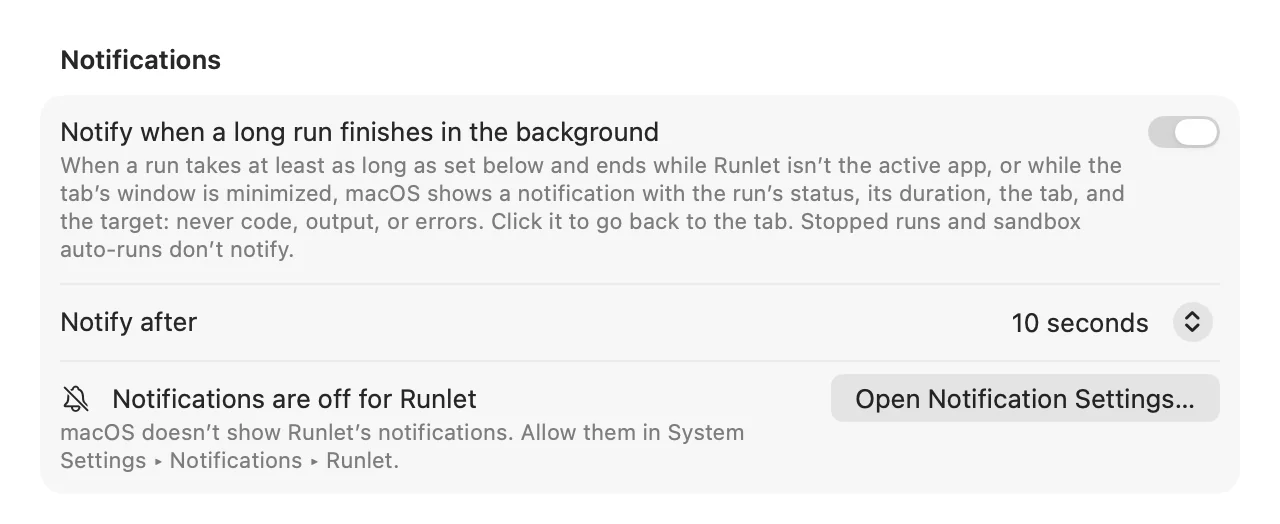 Settings ▸ General ▸ Notifications when notifications are off for Runlet, with Open Notification Settings…