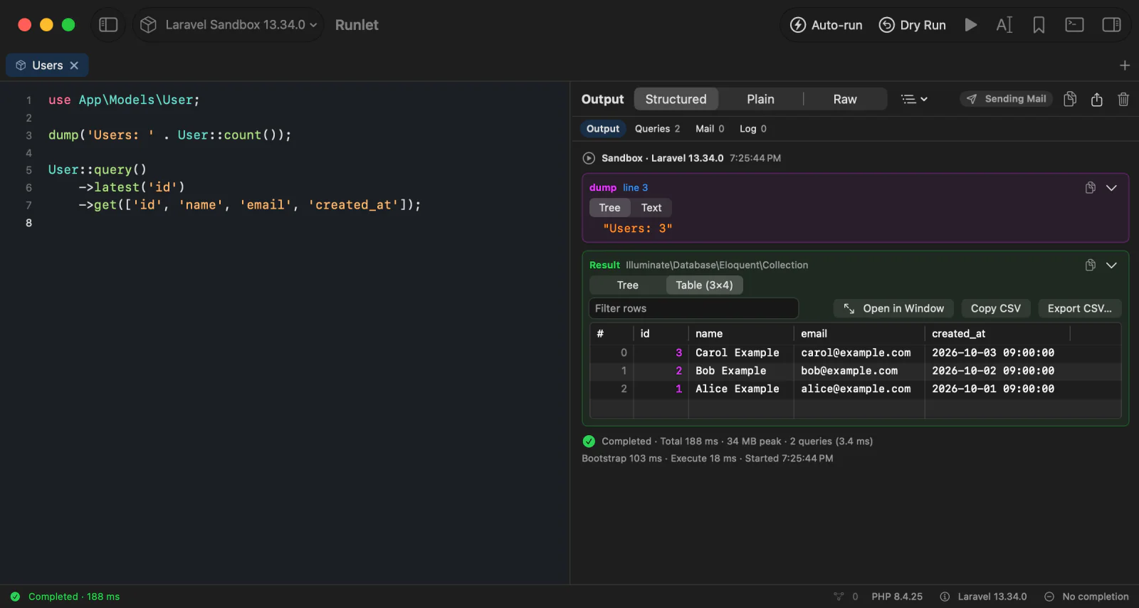 The output pane after a run in the sandbox: a dump card, a Result card showing a collection of users as a table, and the run's finished line