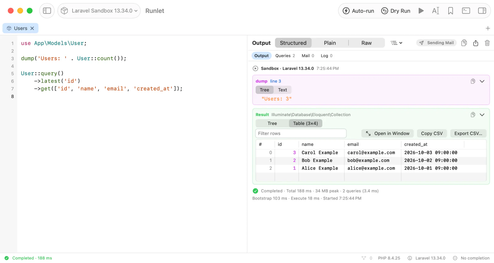 The output pane after a run in the sandbox: a dump card, a Result card showing a collection of users as a table, and the run's finished line