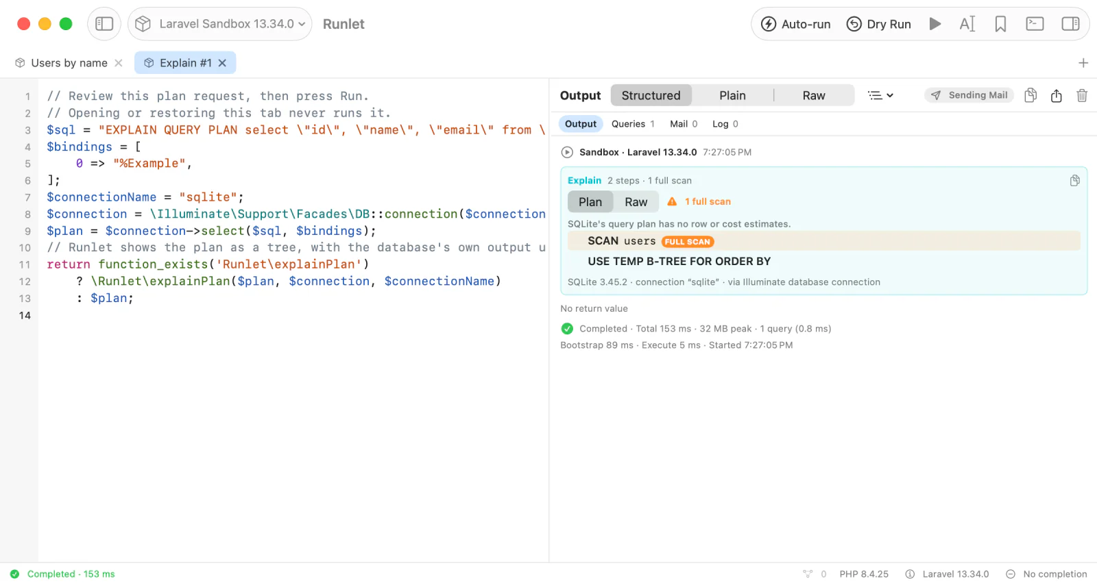 The plan card of an explained SQLite query: SCAN users marked as a full scan, then a temporary B-tree for the ORDER BY