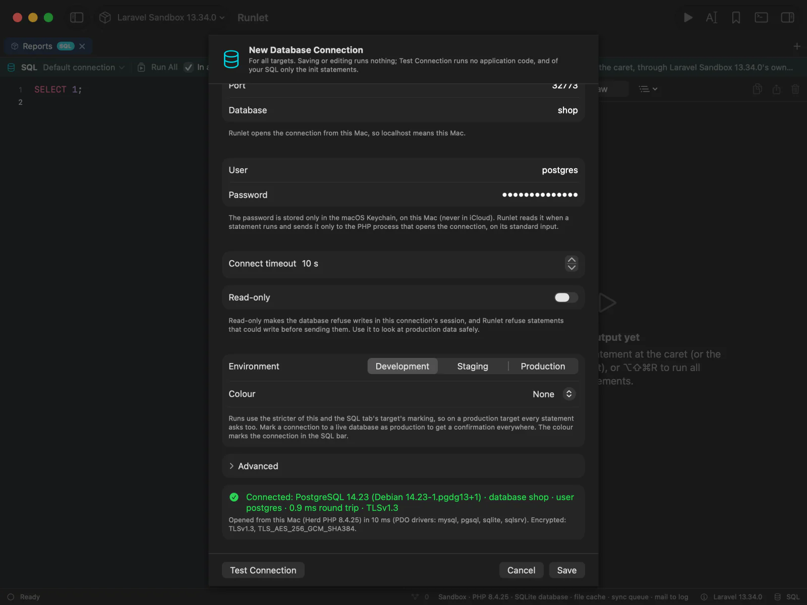 The connection editor for a PostgreSQL connection, with Test Connection's report: the server version, database, user, round trip, and encryption