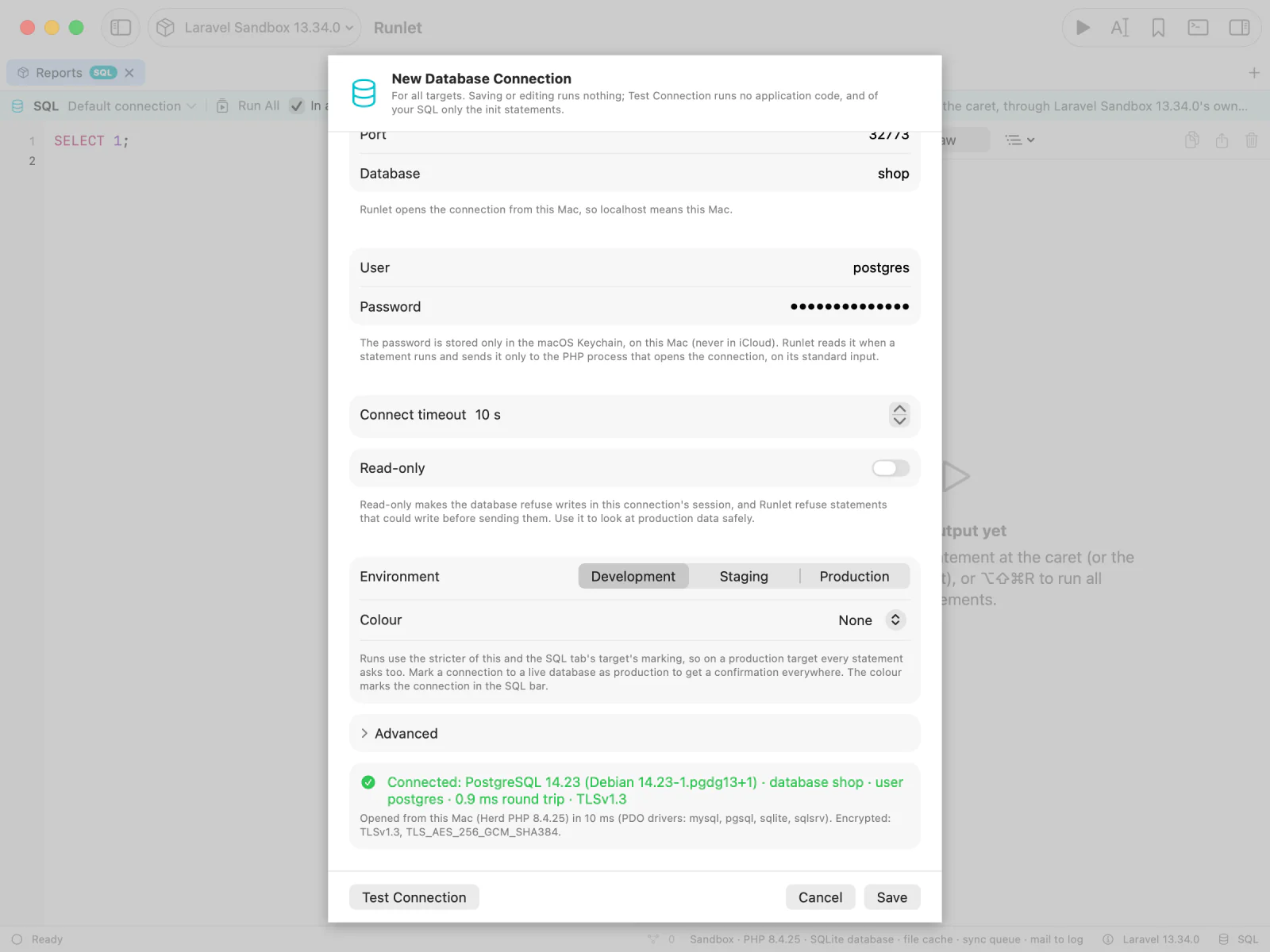The connection editor for a PostgreSQL connection, with Test Connection's report: the server version, database, user, round trip, and encryption