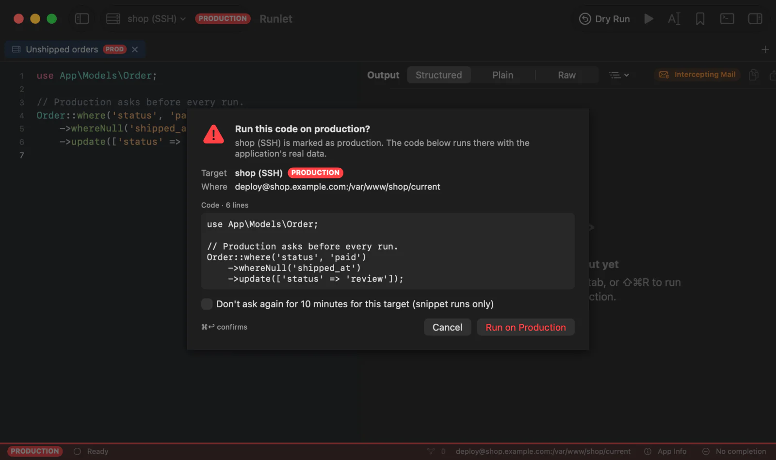The Run this code on production? sheet for the shop target: the target and where it runs, the code, the 10-minute checkbox, and Cancel and Run on Production